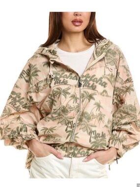 Maje NWT Palm Tree Print Hooded Jacket Aloha Full Zip Windbreaker 40 Large L
